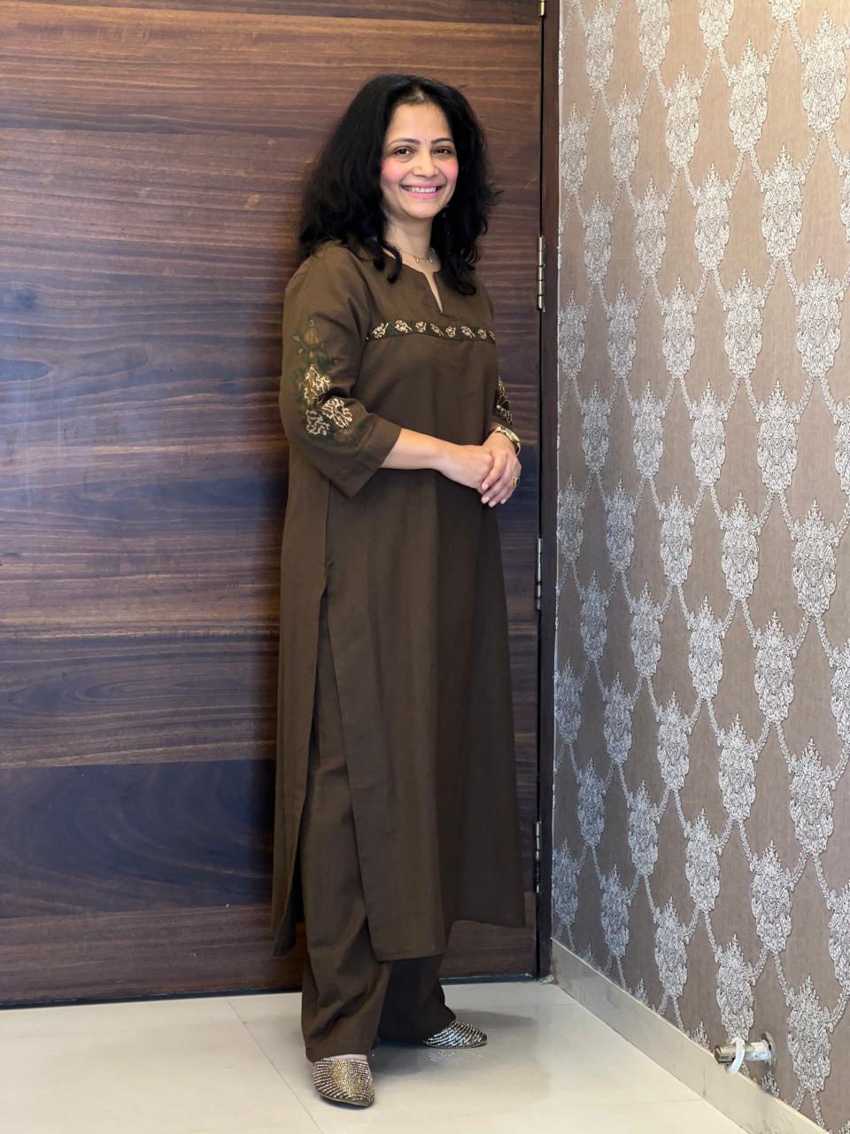Coffee Brown Cotton Flex Kurti-Pant Set