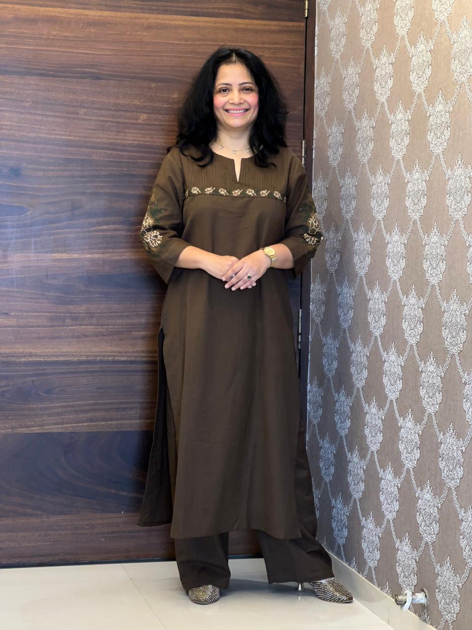 Coffee Brown Cotton Flex Kurti-Pant Set