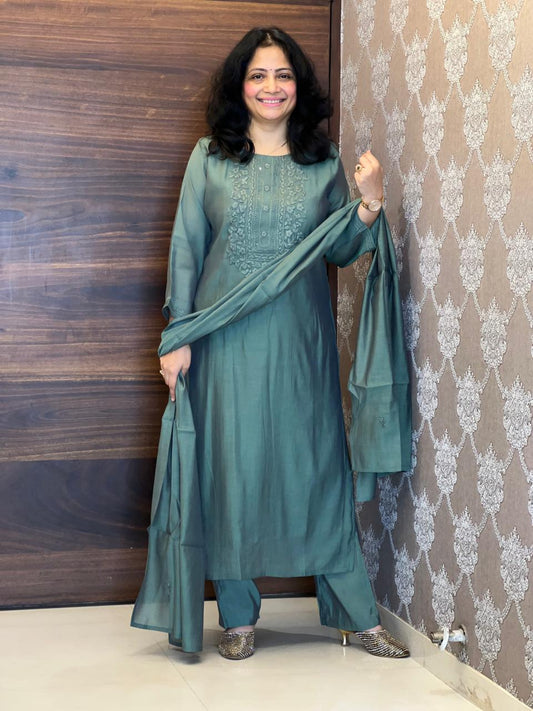 Sage Green Mul Chanderi Dupatta Set