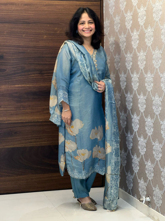 Placement Print Tissue Shimmer Fabric Suits
