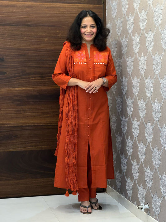 Rust Color Pure Cotton Dupatta Set