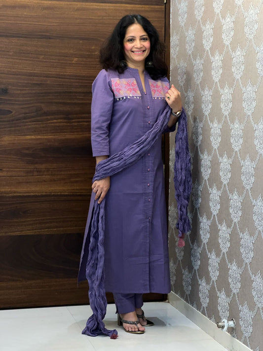 Purple Color Pure Cotton Dupatta Set