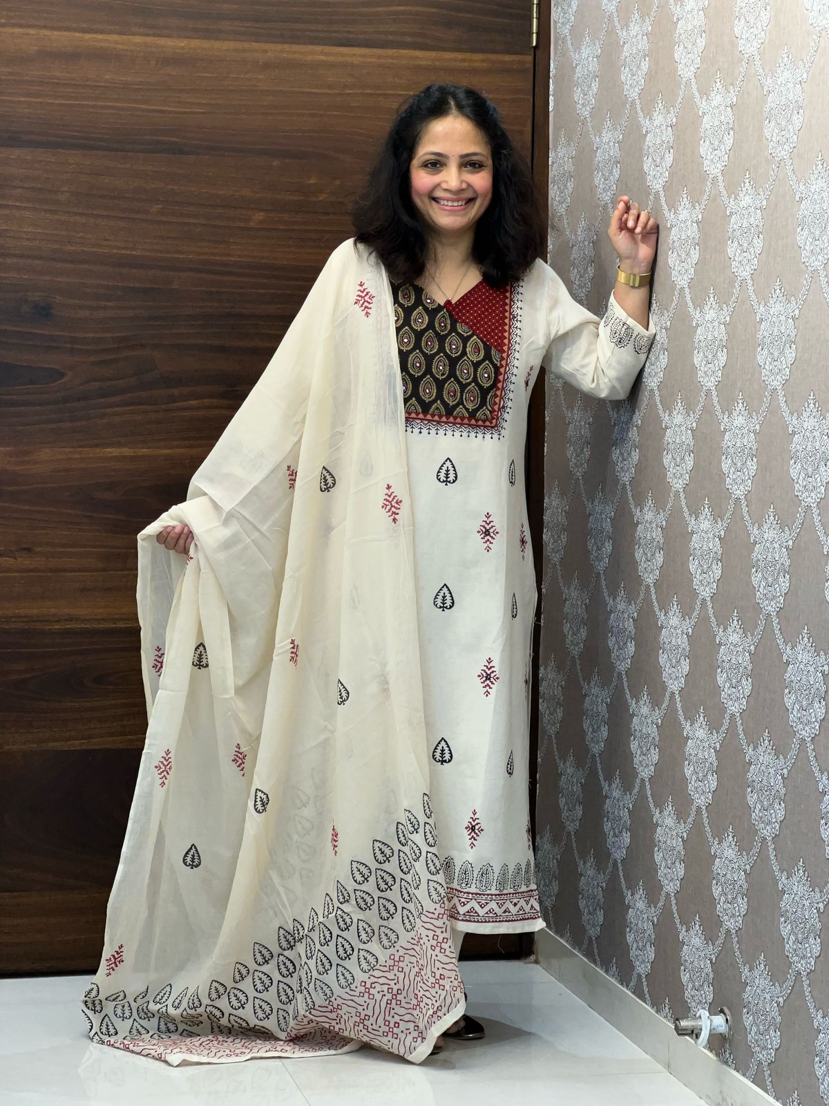Beige Color Cotton Flex Block Printed Dupatta Set