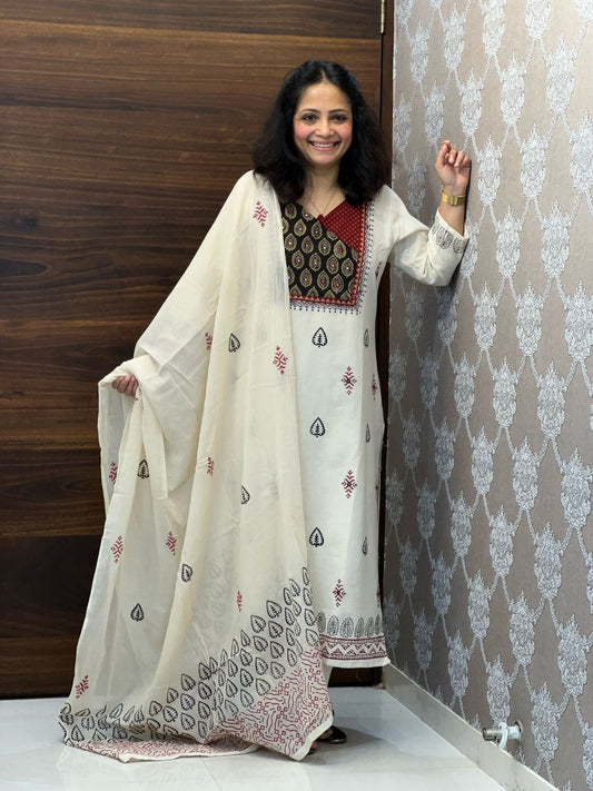 Beige Color Cotton Flex Block Printed Dupatta Set