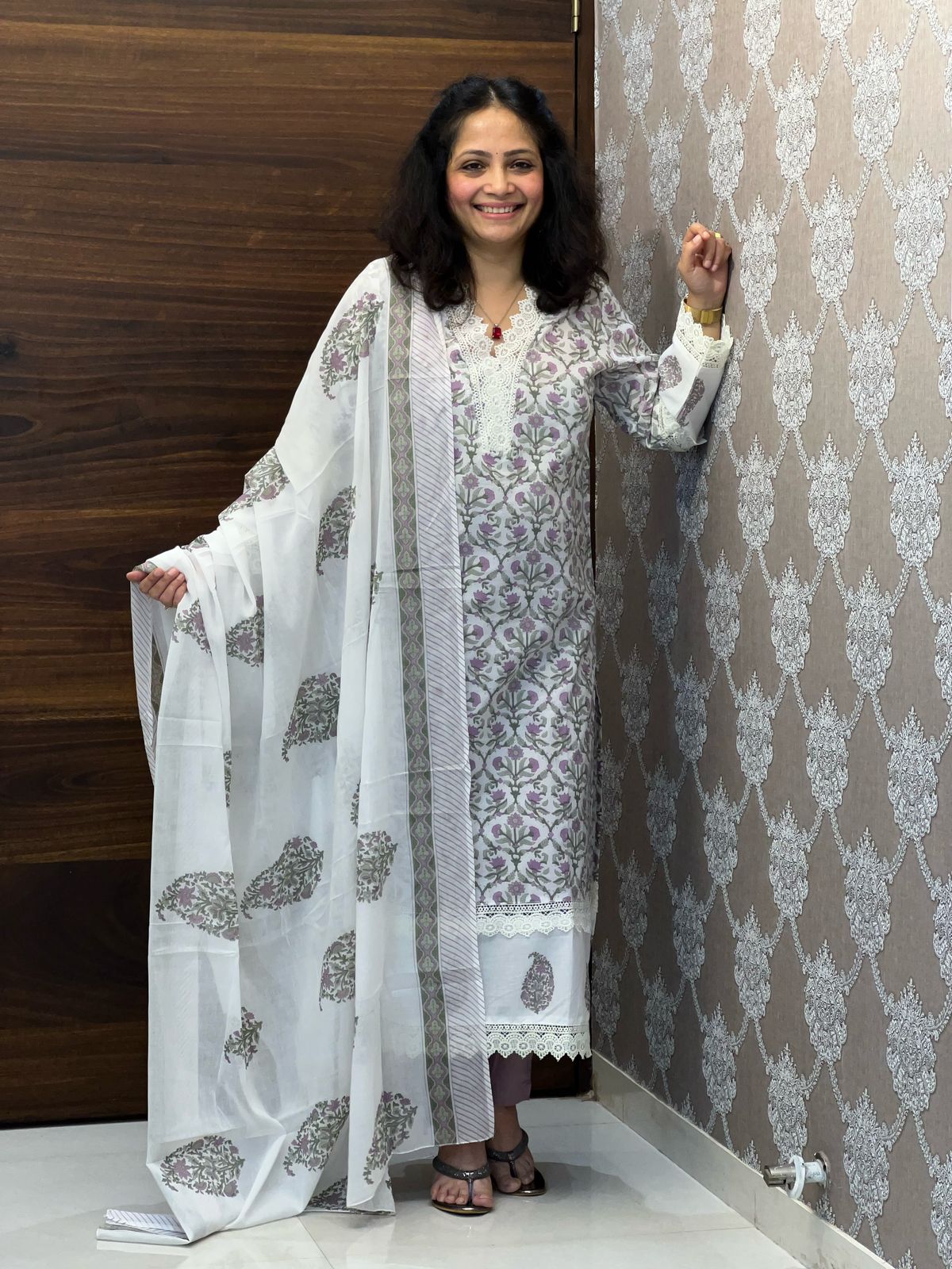 Off-white-Lavender Color Pure Cotton Dupatta Set