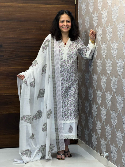 Off-white-Lavender Color Pure Cotton Dupatta Set