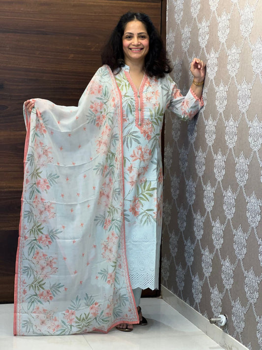 Pastel Blue Colour Digital Cotton Shiffly Dupatta Set