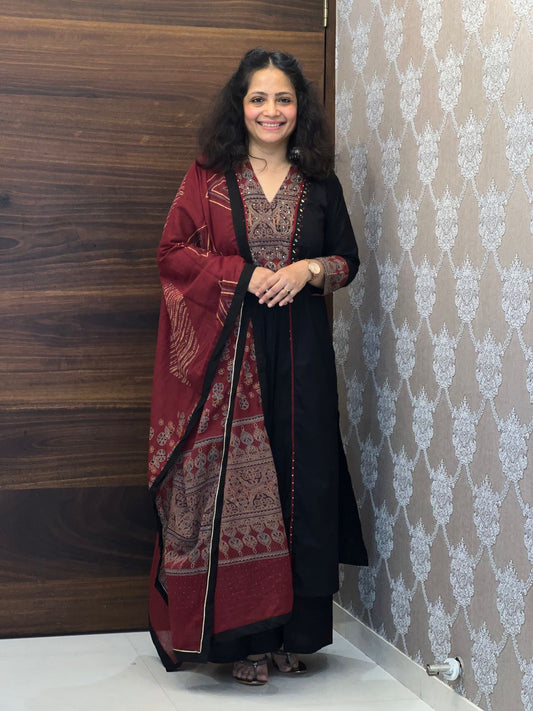 Black Color Pure Cotton A-Line Dupatta Set