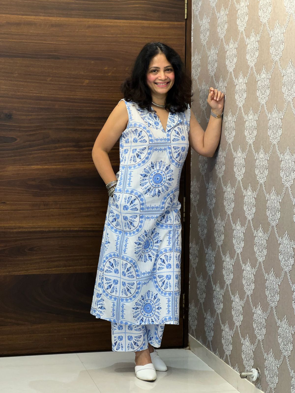 White Color Cotton Slub Kurti-Pant Set