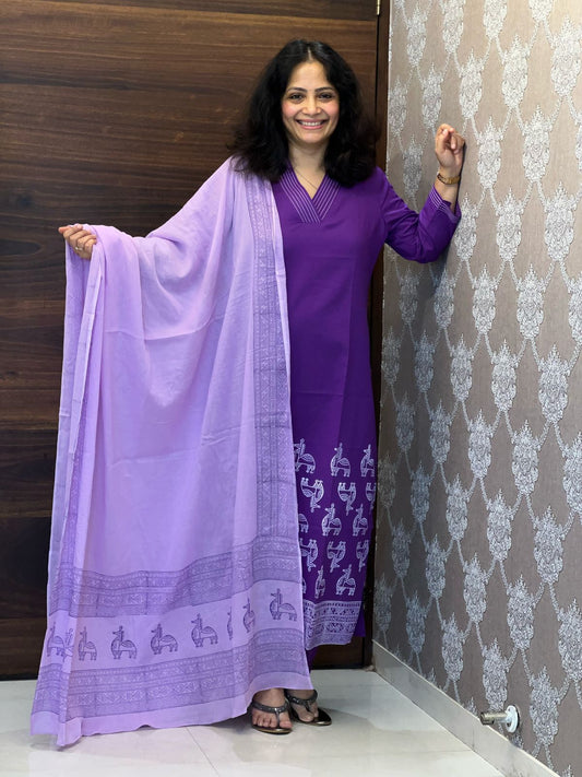 Hand-Block Printed Purple Color Pure Cotton Dupatta Set