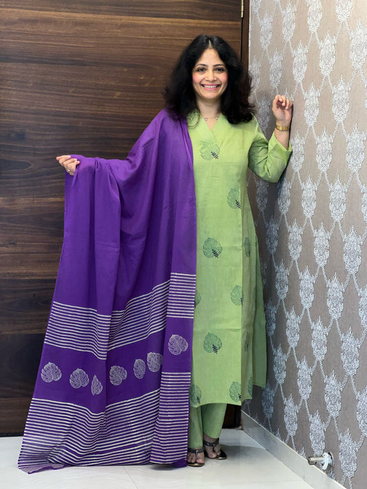 Hand-Block Printed Green-Purple Color Cotton Flex Dupatta Set