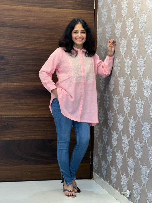 Pastel Pink Color Cotton Slub Shirt Top