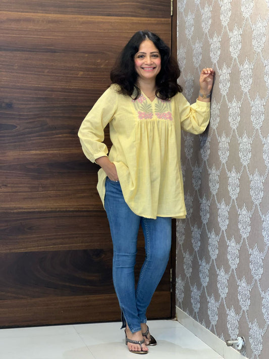 Pastel Yellow Color Cotton Slub Top