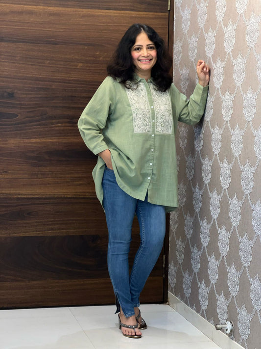 Pastel Green Color Cotton Slub Shirt Top