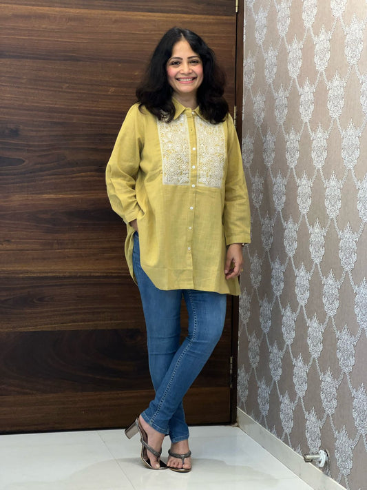 Pastel Mustard Color Cotton Slub Shirt Top