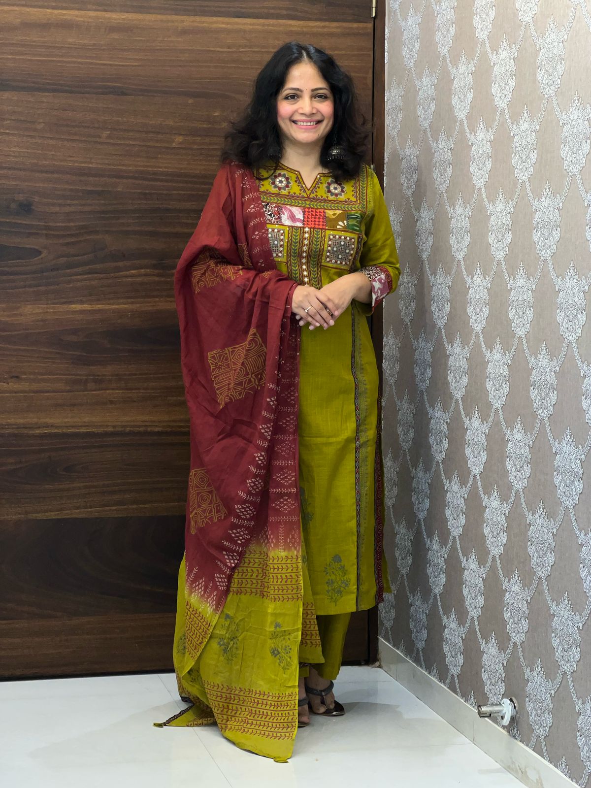 Mehandi Green-Maroon Cotton Flex Dupatta Set