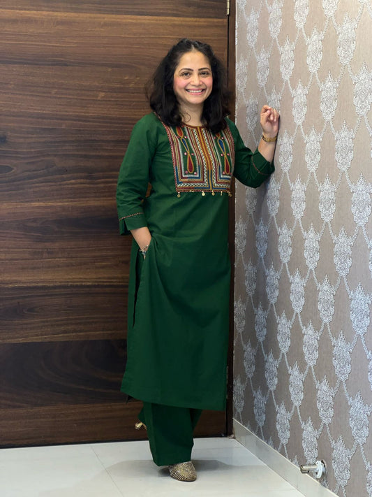 Green Color Cotton Kurti-Palazzo Set