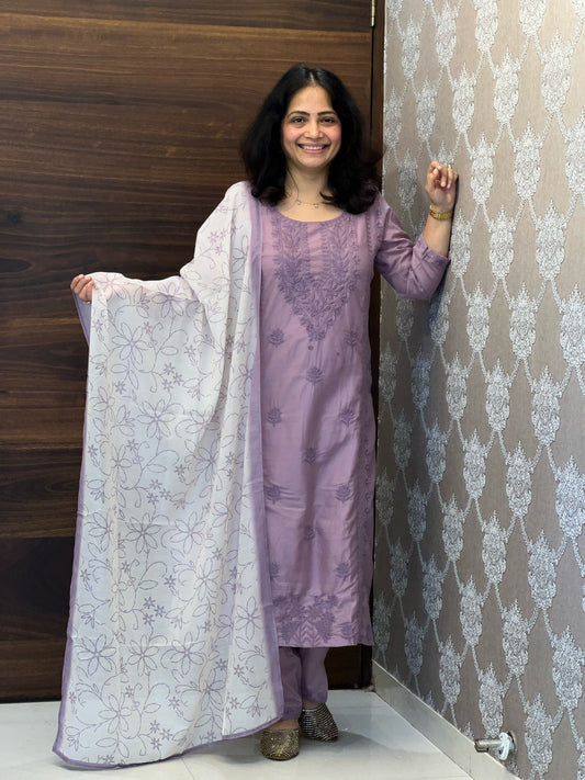 Onion Colour Chikankari Pure Cotton Dupatta Set