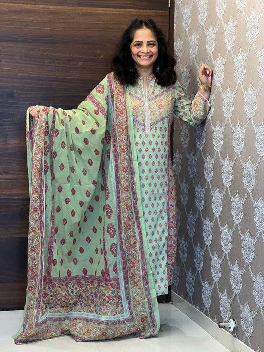 Mint Green Color Pure Cotton Dupatta Set