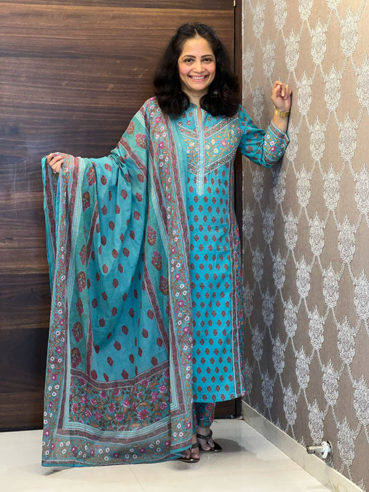 Turquoise Blue Color Pure Cotton Dupatta Set