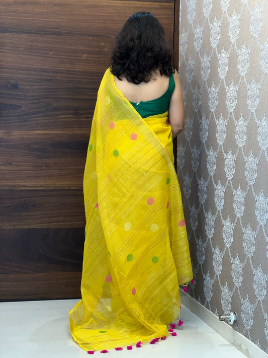 Yellow Colour Brocade tissue saree with sequence work