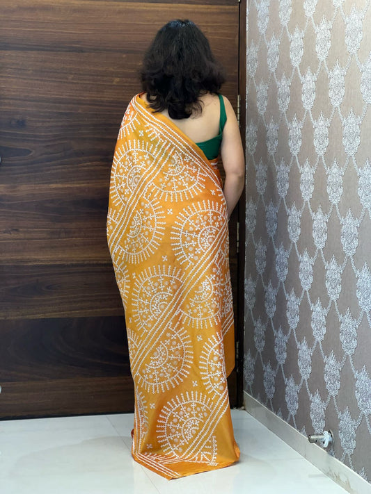 Mustard Colour Bangalore Silk Hand Gujarati Kutch Kantha Stitch Saree