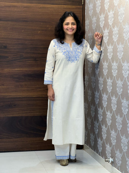 Beige Color Cotton Flex Kurti-Palazzo Set