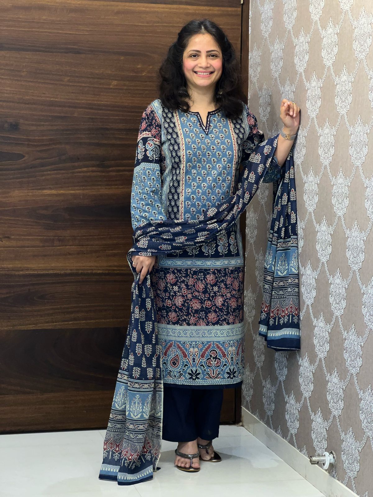 Digital Printed Light Blue-Dark Blue Colou Pure Cotton Dupatta Set