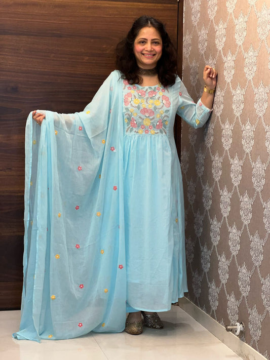 Light Sky Blue Mulmul Cotton Dupatta Set