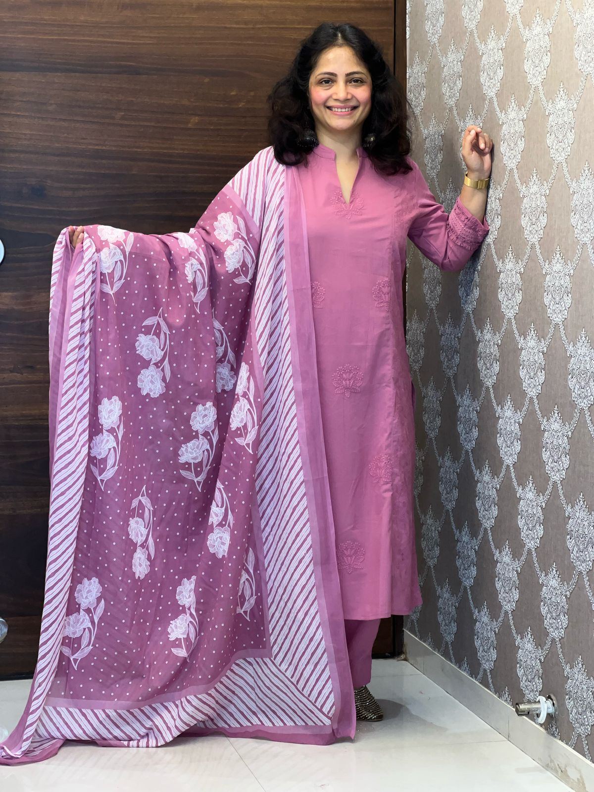 Mauve Pink Colour Tone & Tone Premium Cotton Dupatta Set