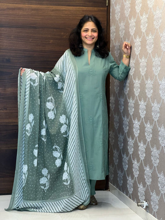 Sage Green Colour Tone & Tone Premium Cotton Dupatta Set