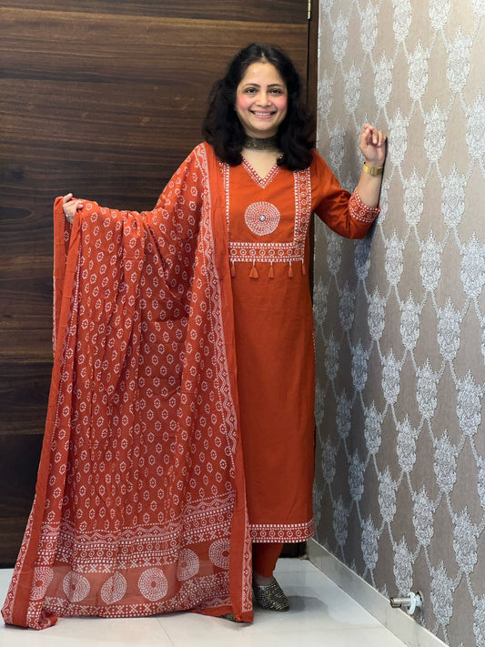 Rust Colour Pure Cotton Dupatta Set