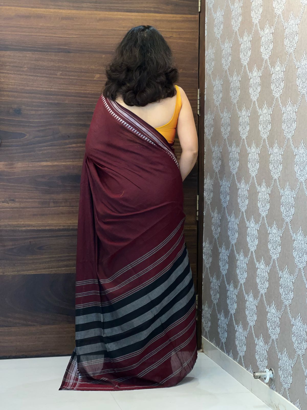 Bengal Exclusive Wine Color Hand Made Organic Khadi Saree