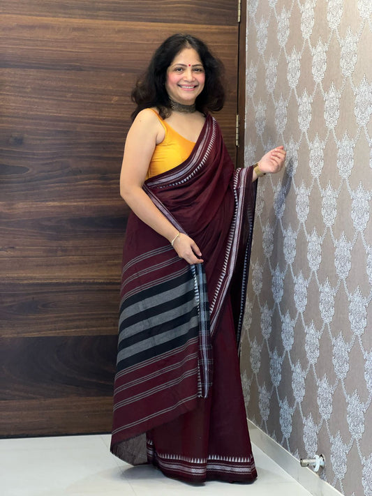 Bengal Exclusive Wine Color Hand Made Organic Khadi Saree