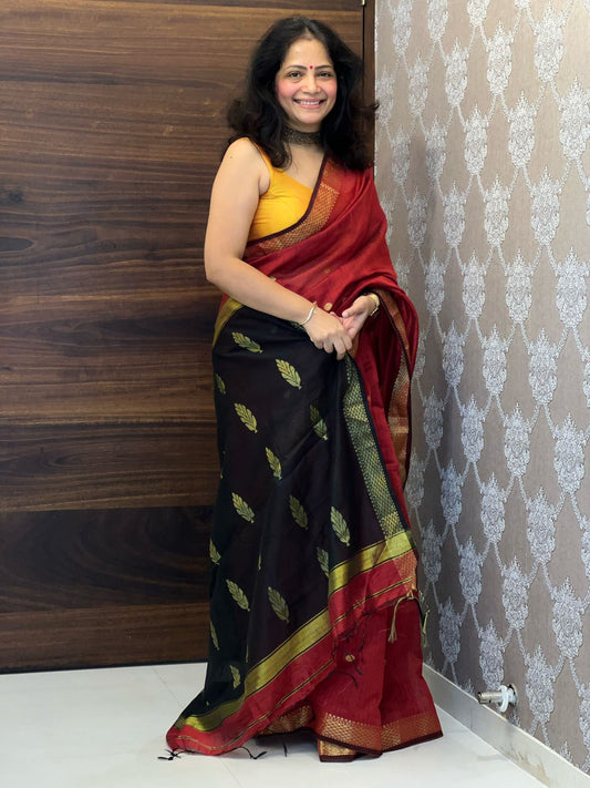 Silk Cotton Maheshwari Maroon Color Saree