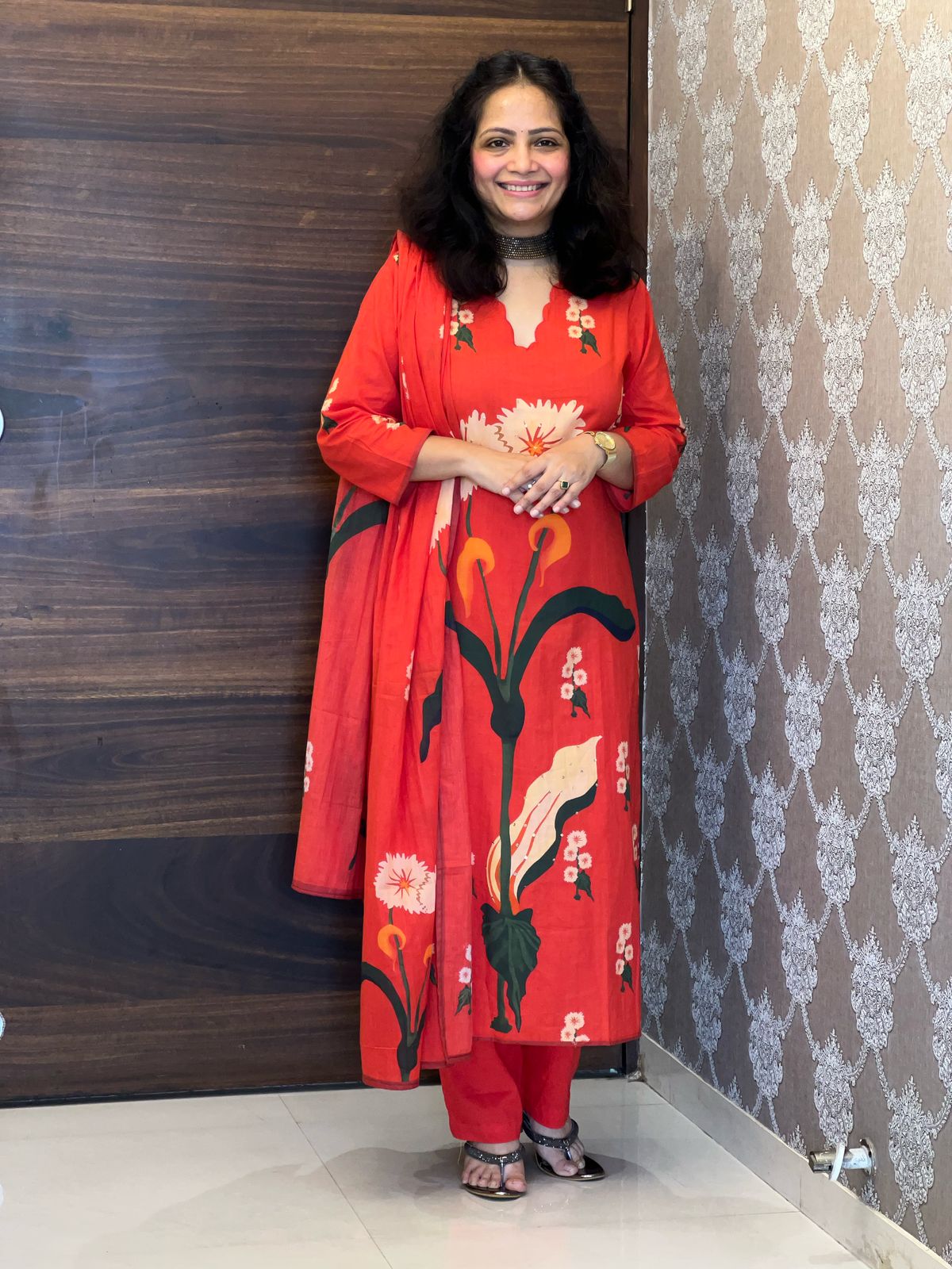 Digital Printed Light Reddish-Orange Colour Pure Cotton Dupatta Set