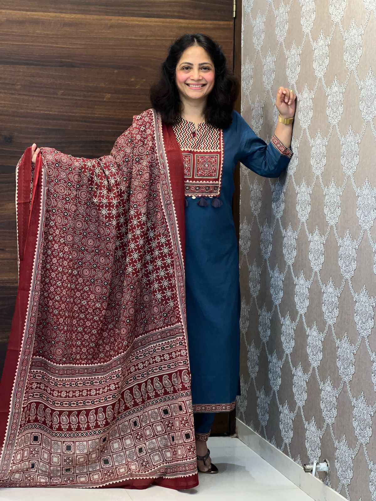 Teal-Red Colour Pure Cotton Dupatta Set