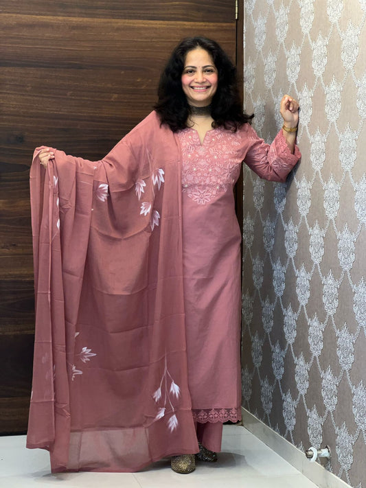 Mauve Pink Colour Tone On Tone Pure Cotton Dupatta Set