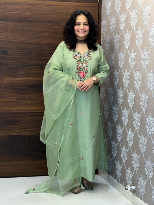Pista Colour Roman Silk Dupatta Set