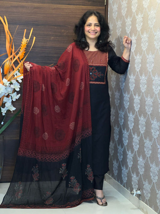 Black Colour Premium Cotton Dupatta Set