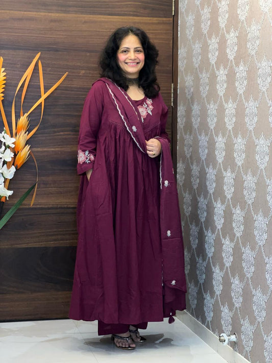 Deep Maroon Colour Premium Cotton Anarkali Dupatta Set
