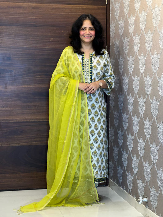 Cream-Green Colour Pure Cotton Dupatta Set