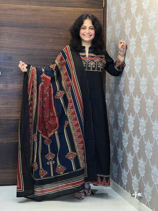 Black Colour Ajrakh Print Premium Cotton Anarkali Dupatta Set