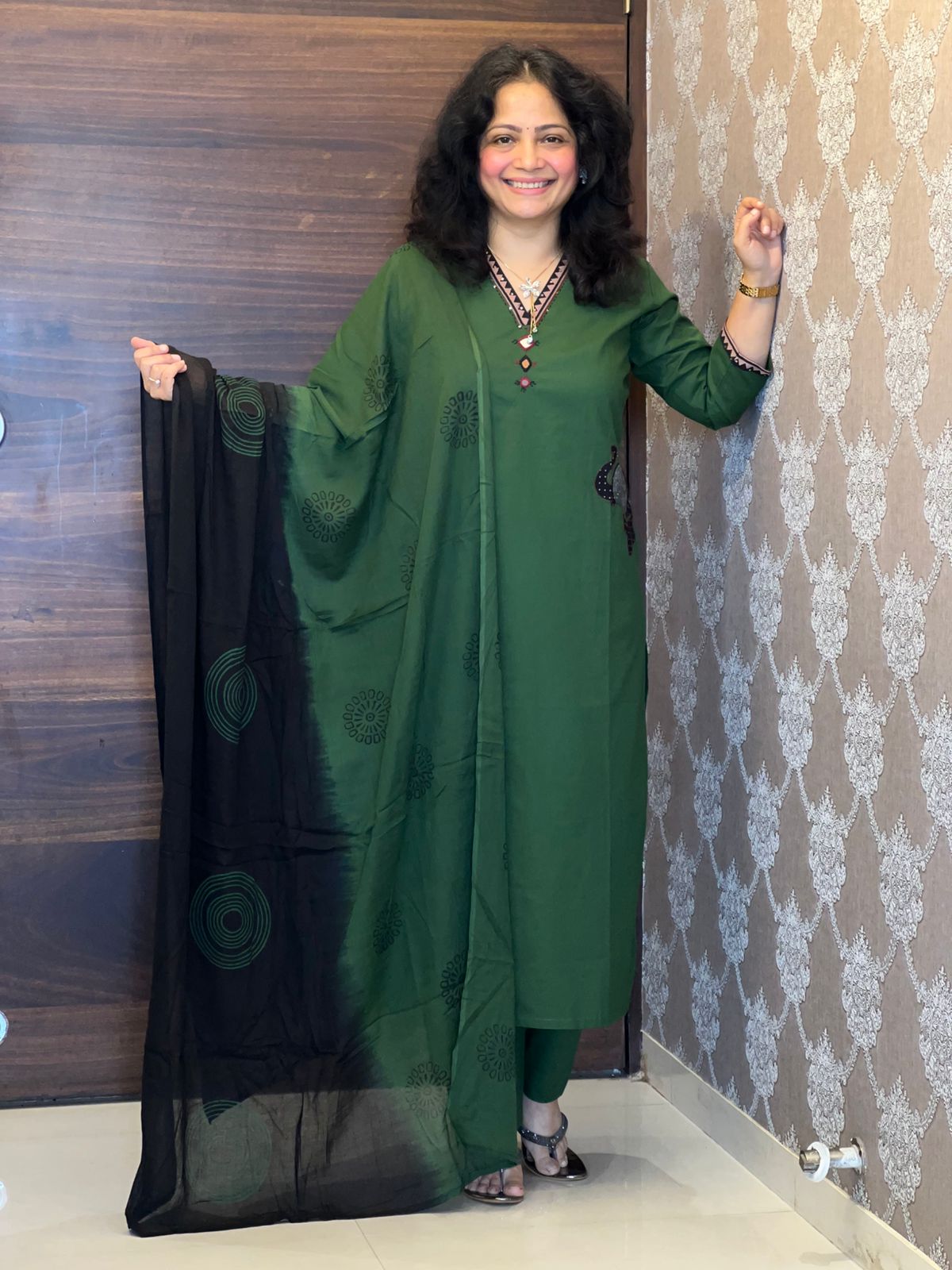 Green Colour Applique Work Dupatta Set
