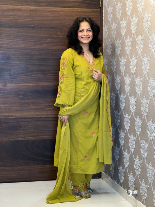 Greenish-Yellow Color Pure Cotton Dupatta Set