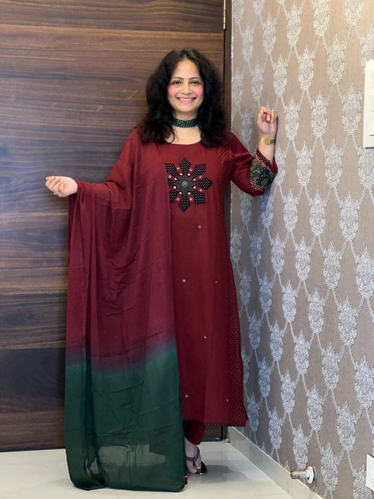 Maroon Color Applique Work Dupatta Set