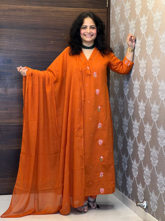 Orange Color Pure Cotton Dupatta Set