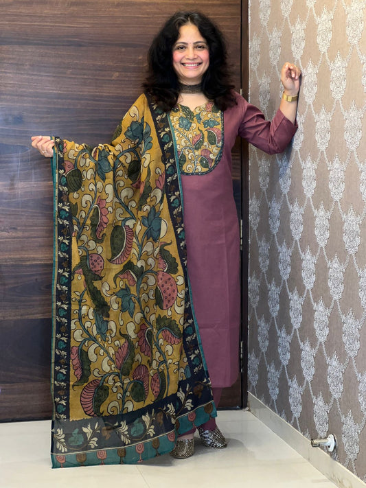 Dusty Mauve Colour Kalamkari Dupatta Set