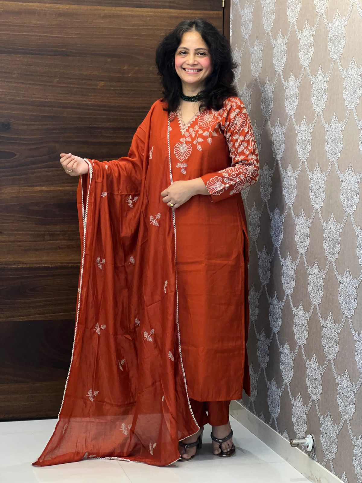 Rust Color Roman Silk Dupatta Set