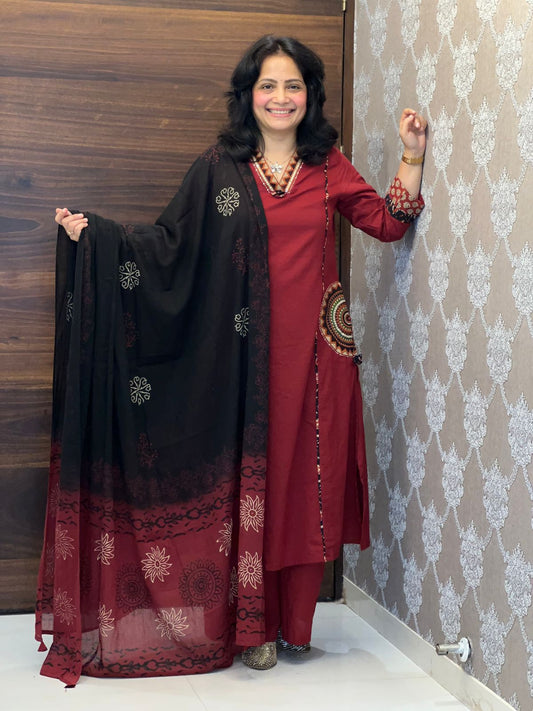 Deep Maroon Colour Pure Cotton Dupatta Set